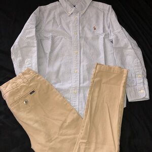Ralph Lauren Boys Blue/White Cambray Button Down Shirt with Polo Tan Chinos